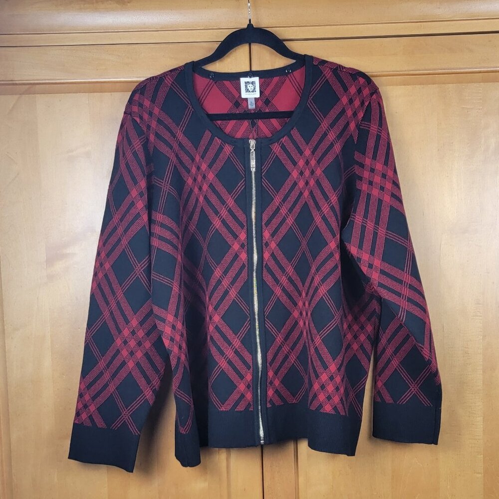 NWT Anne Klein Black & Red Full Zip Sweater Removable Faux Fur Collar - XL - Picture 4 of 15